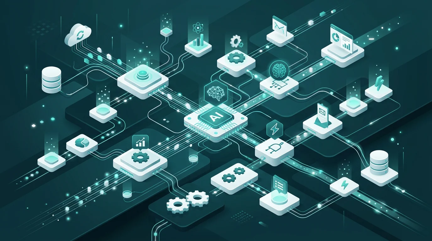 Schéma illustrant plusieurs outils reliés par un workflow automatisé