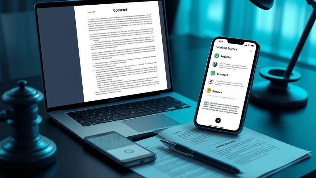Vue rapprochée d'un écran affichant un contrat annoté et une colonne de sources liées, avec dossiers papier, un stylo et un smartphone indiquant des sources vérifiées.
