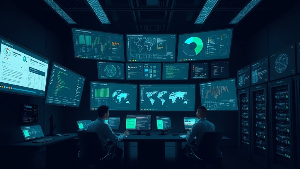 Salle d'opérations cybersécurité avec écrans affichant cartes réseau, chronologies d'incidents et fragments de code, des ingénieurs analysent des tableaux de bord