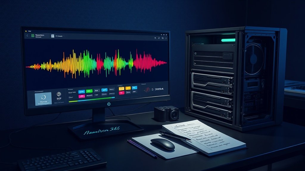 Poste de travail montrant une onde audio longue avec pistes colorées pour plusieurs intervenants, un boîtier serveur ouvert avec une carte GPU visible et des disques de stockage.